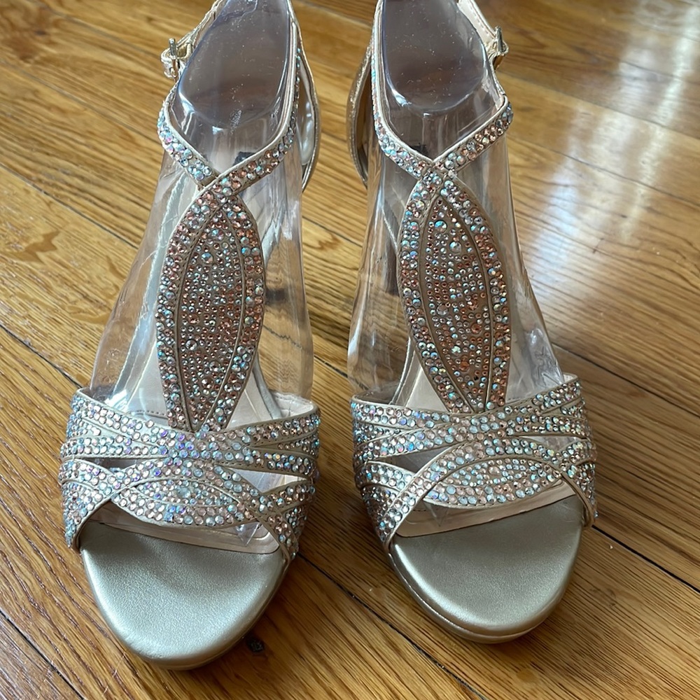 Gold crystal sparkly heels t strap formal
